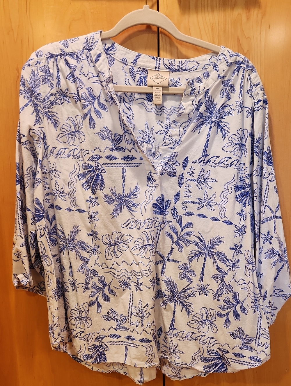 St. John's Bay White Tunic with Blue Tropical Sketch Print